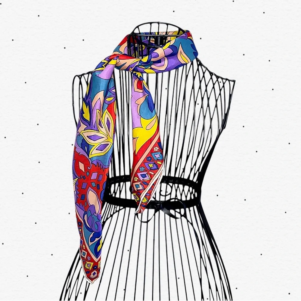 Vintage Vibrant Multicolor Floral Silk Square Scarf